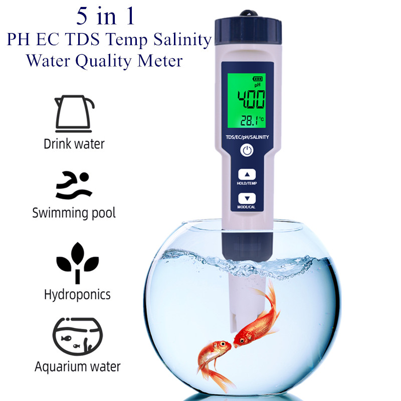 Ph Meter Digital Water Tester - 5-in-1 EC TDS Zoutgehalte Temperatuur PH
